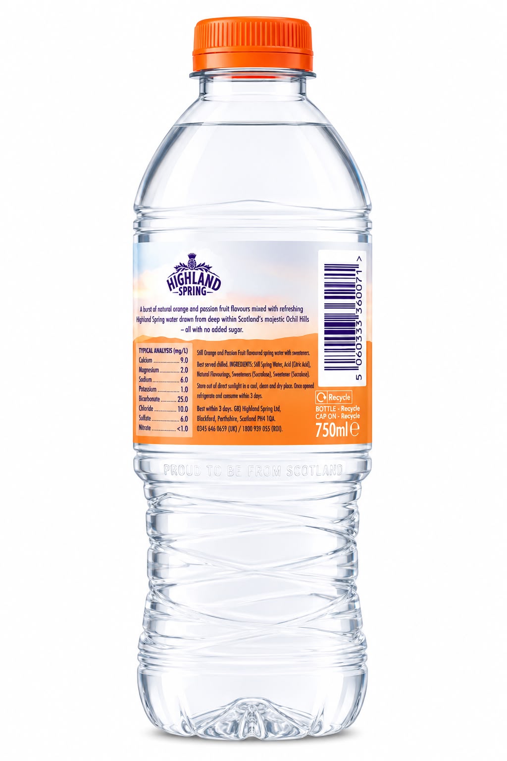 Highland Spring Orange & Passion Fruit Still Spring Water 750ml | Asian Grocery UK