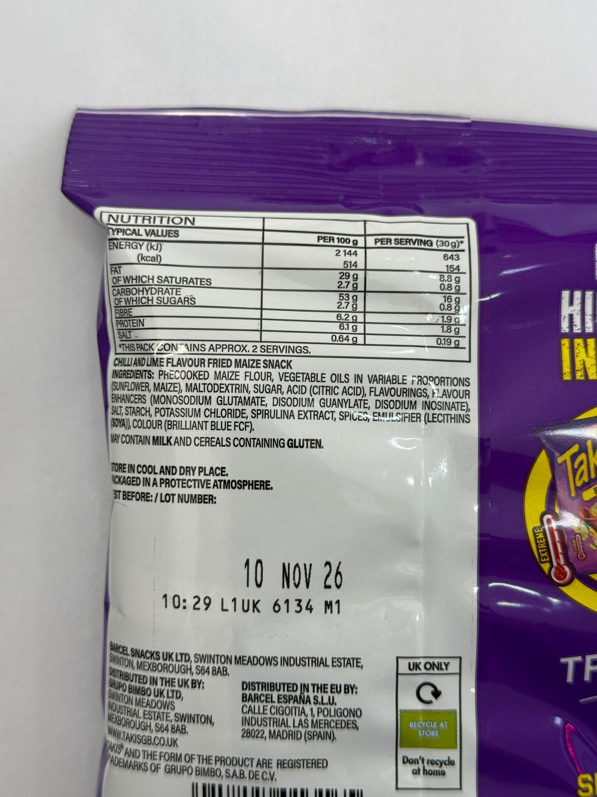 Takis Blue Heat Chilli and Lime Fried Maize Snack 55g