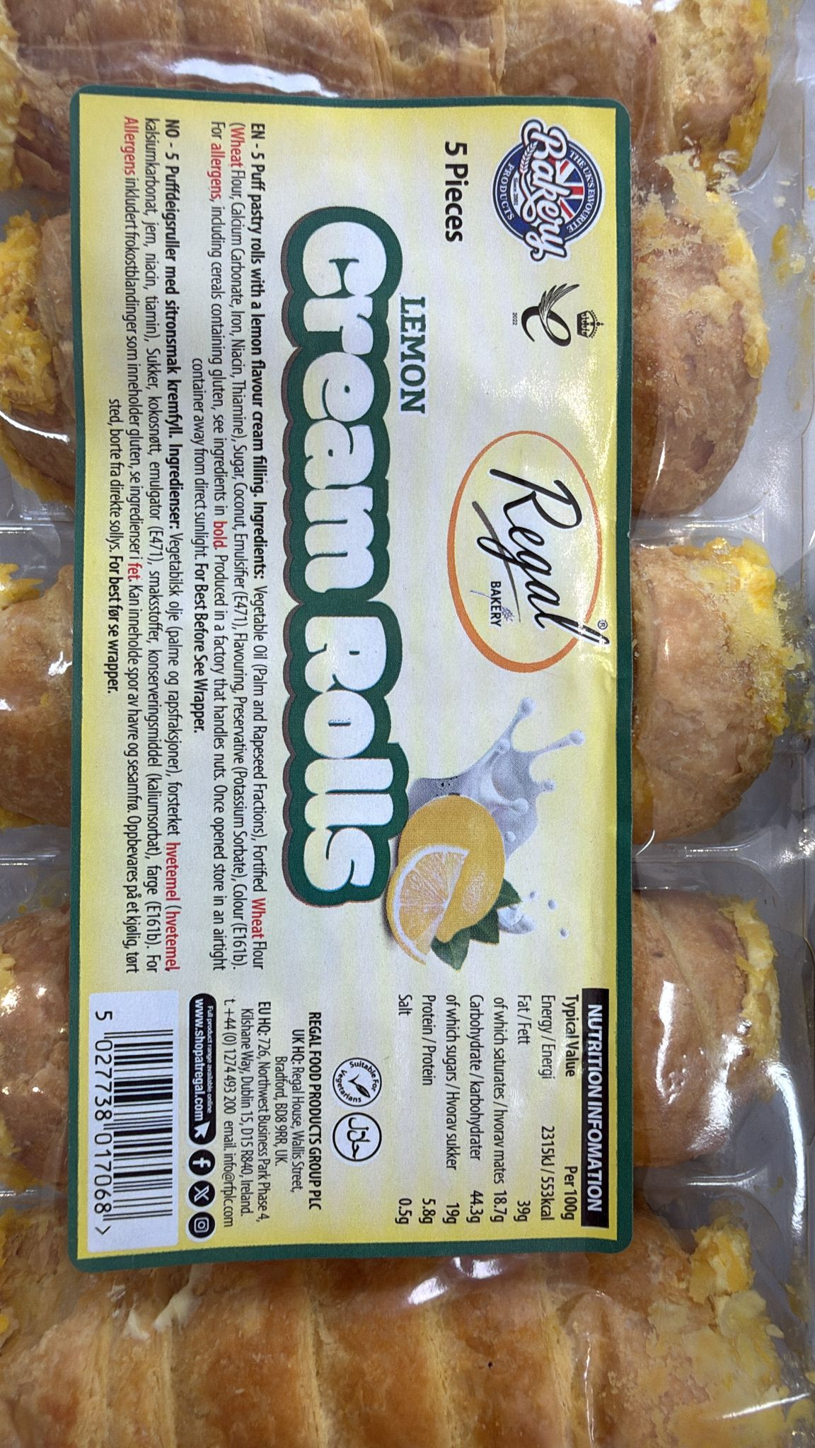 Regal Bakery Lemon Cream Rolls 5 Pieces