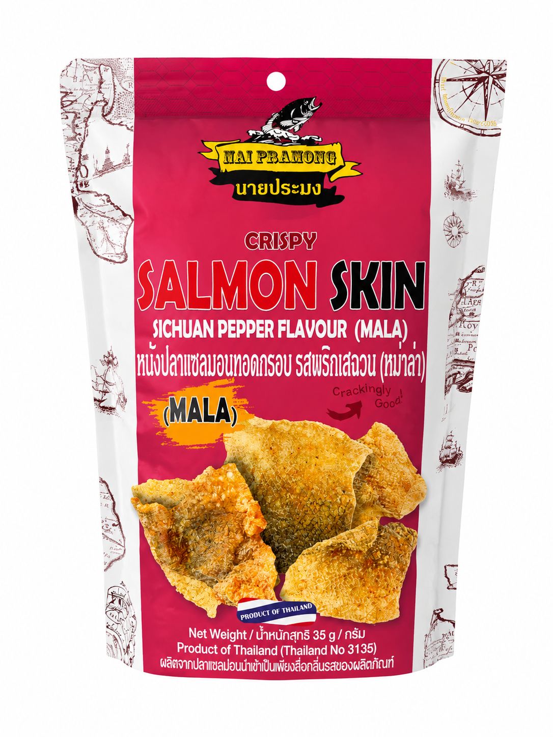 Nai Pramong Crispy Salmon Skin Mala barcode and best before | Asian Grocery UK