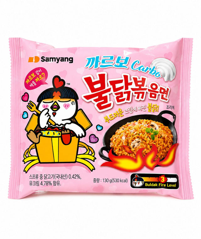 Samyang Carbo Buldak Bokkeummyeon Carbonara Fire Chicken Noodles front pack | Asian Grocery UK