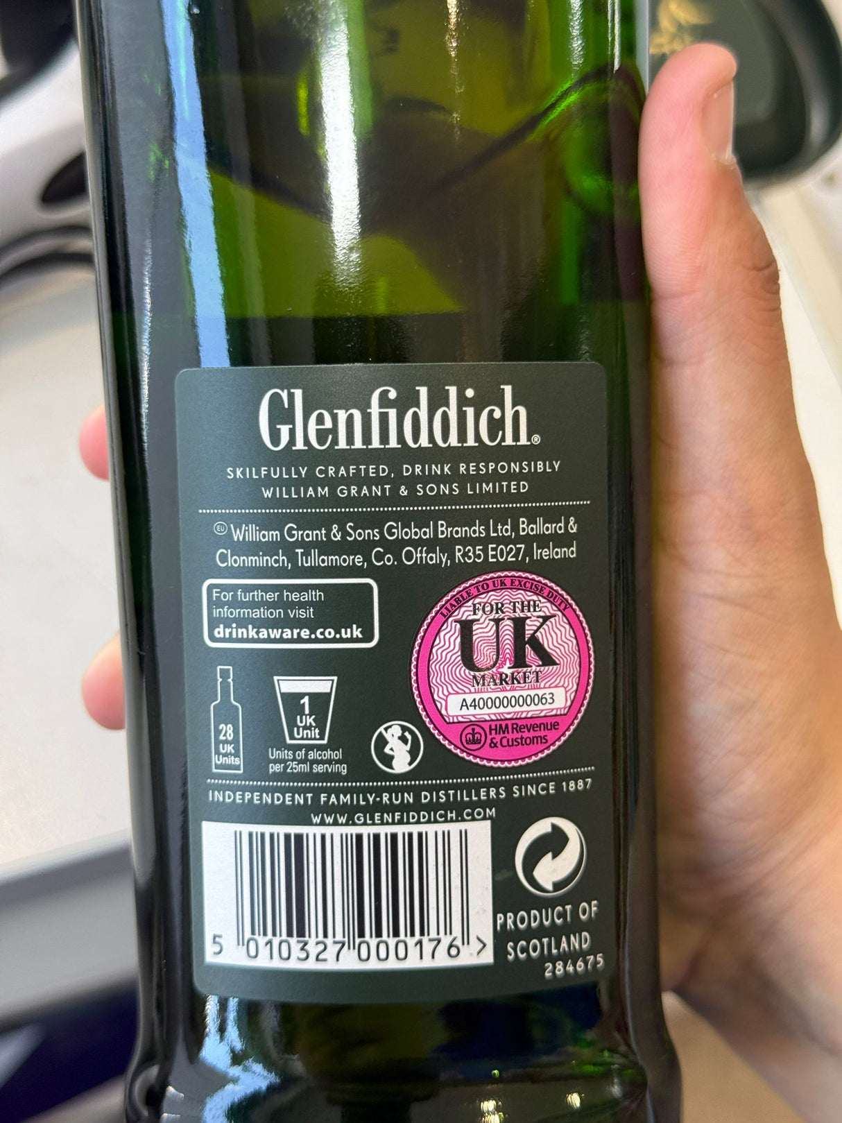 Glenfiddich 12 Year Old Single Malt Scotch Whisky 70cl back label UK market stamp | Asian Grocery UK