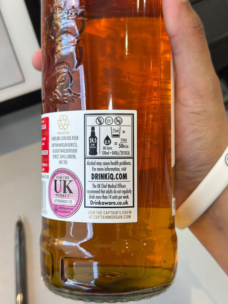 Captain Morgan Original Spiced Gold Rum 700ml back label nutrition info | Asian Grocery UK