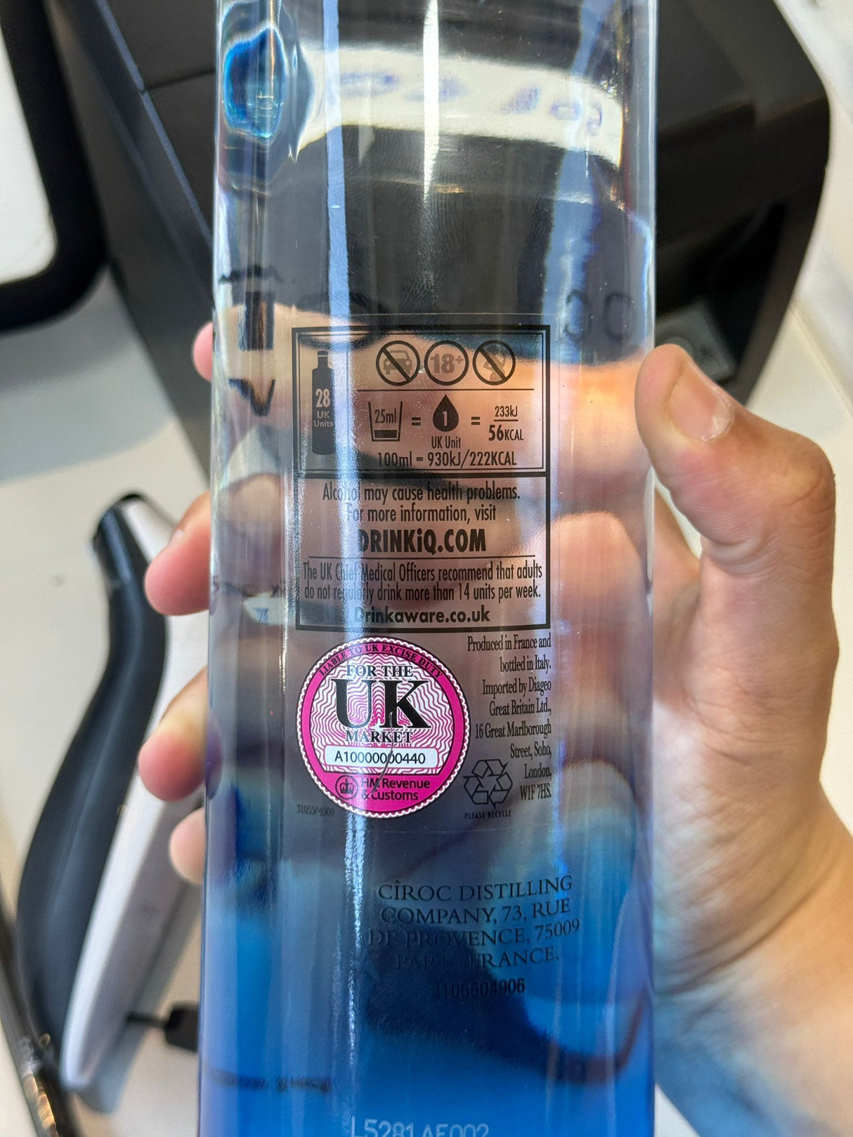 Ciroc Vodka 70cl barcode 5010103916738 back label | Asian Grocery UK