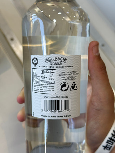 Glen's Vodka 70cl back label nutrition and ABV 37.5% Loch Lomond Group | Asian Grocery UK