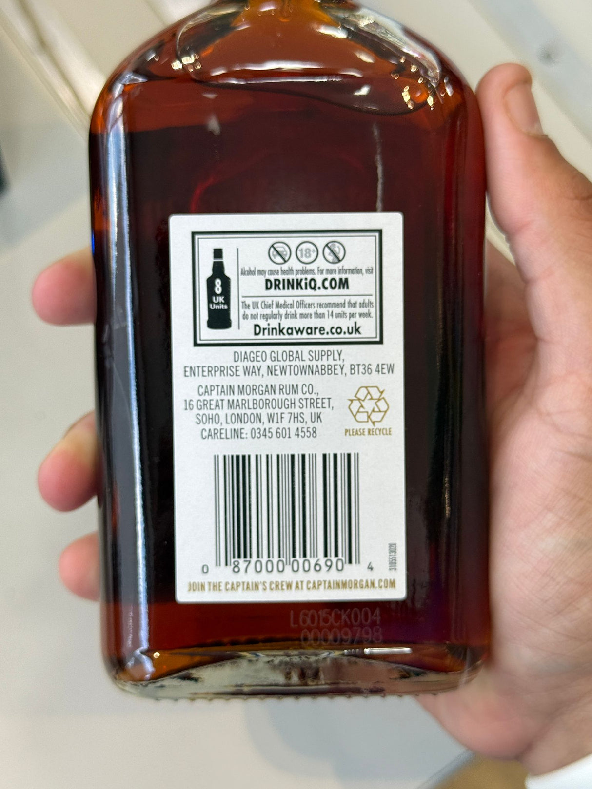 Captain Morgan Original Dark Rum 20cl back label barcode | Asian Grocery UK