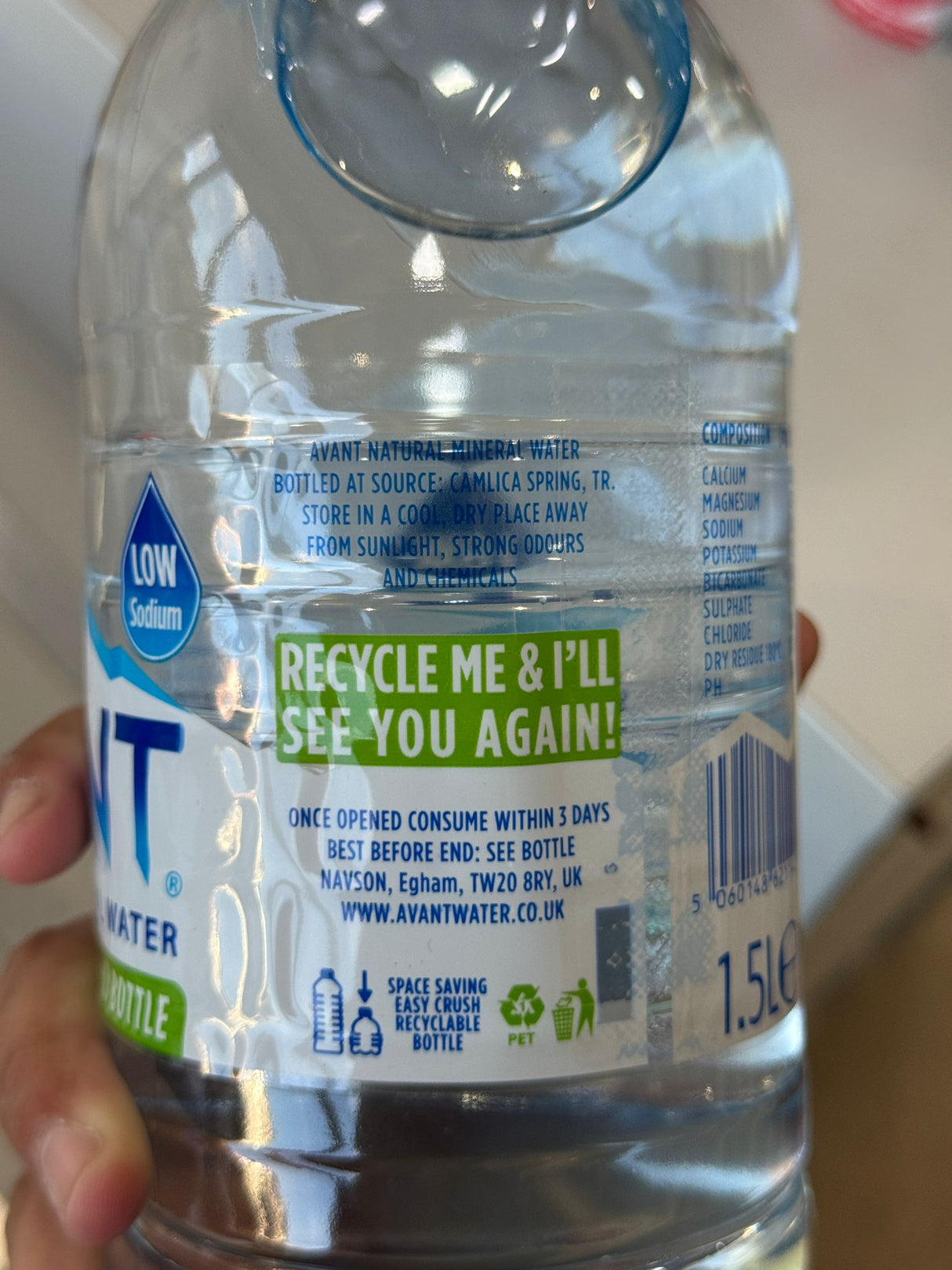 Avant Natural Mineral Water 1.5L recyclable bottle label detail | Asian Grocery UK