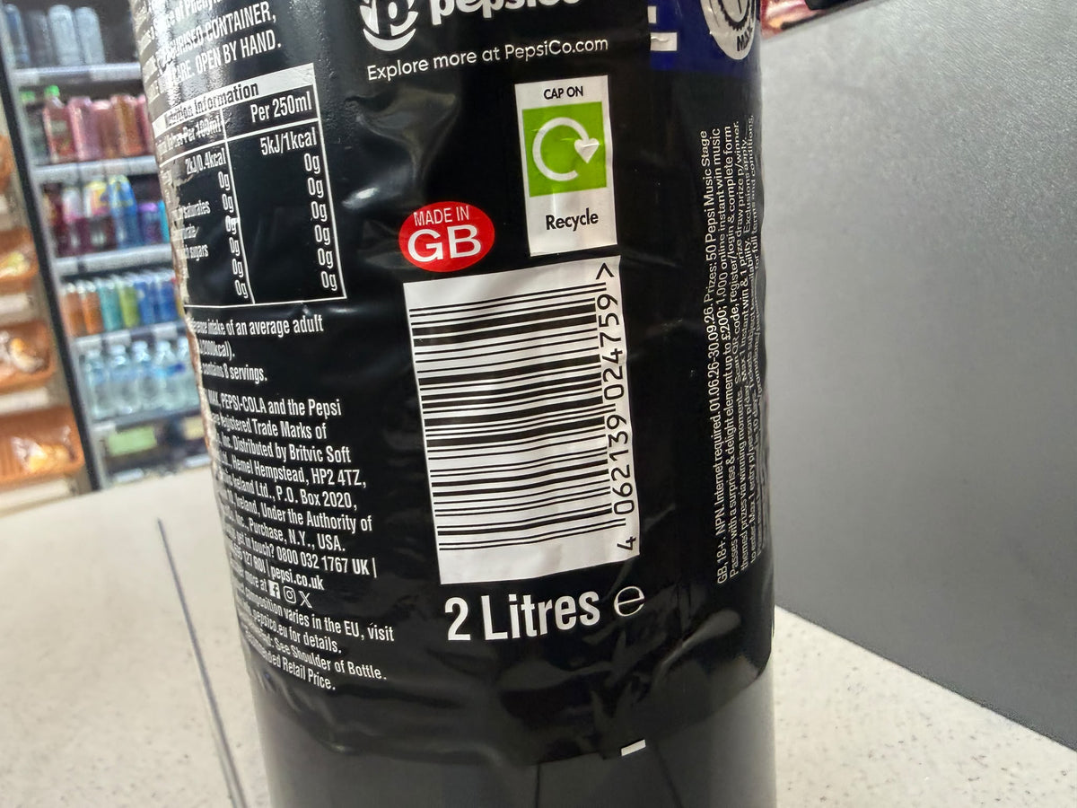 Pepsi Max Cola 2L barcode and origin label | Asian Grocery UK