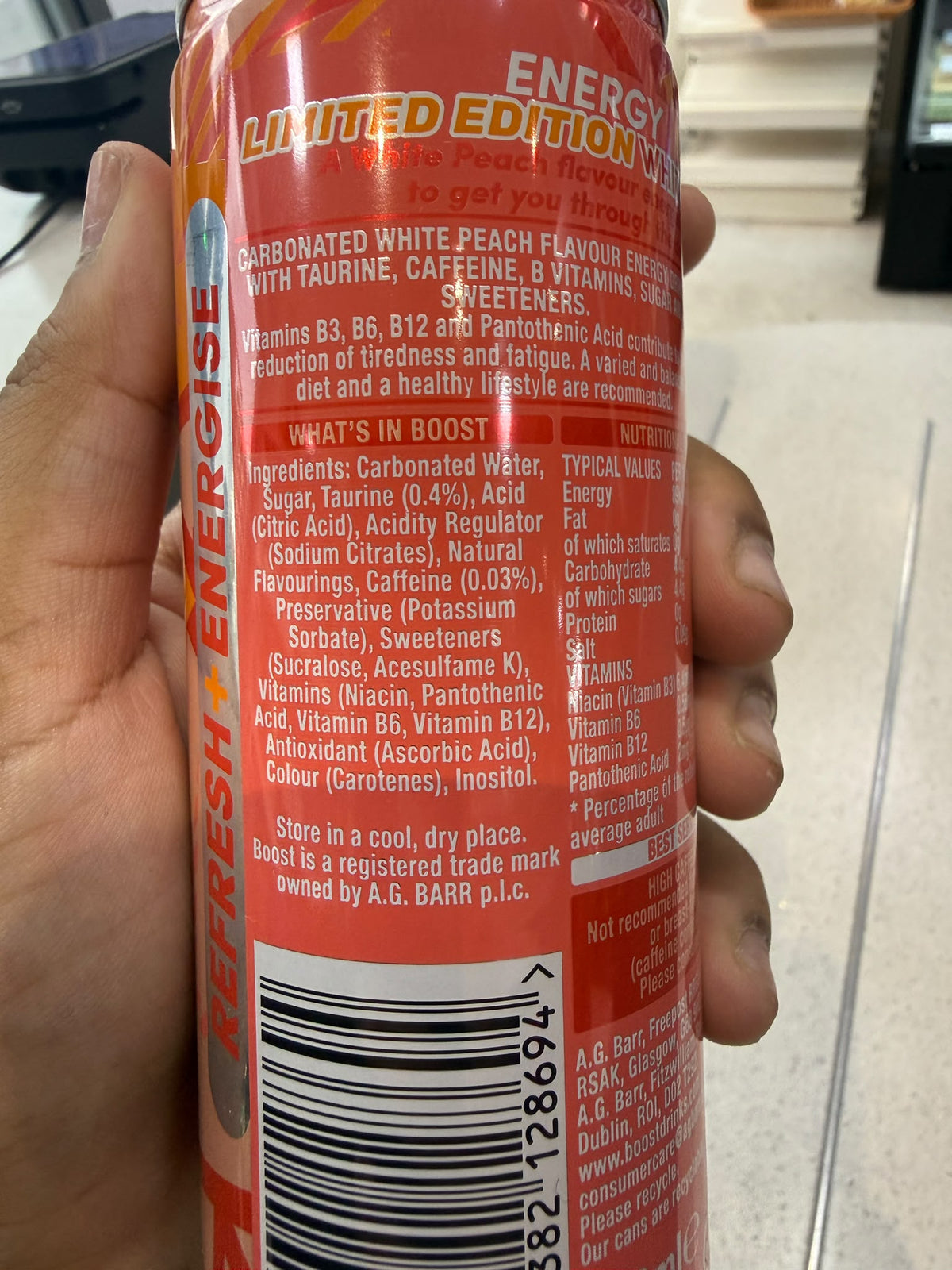 Boost Energy White Peach 250ml barcode label, EAN 5000382128694 | Asian Grocery UK