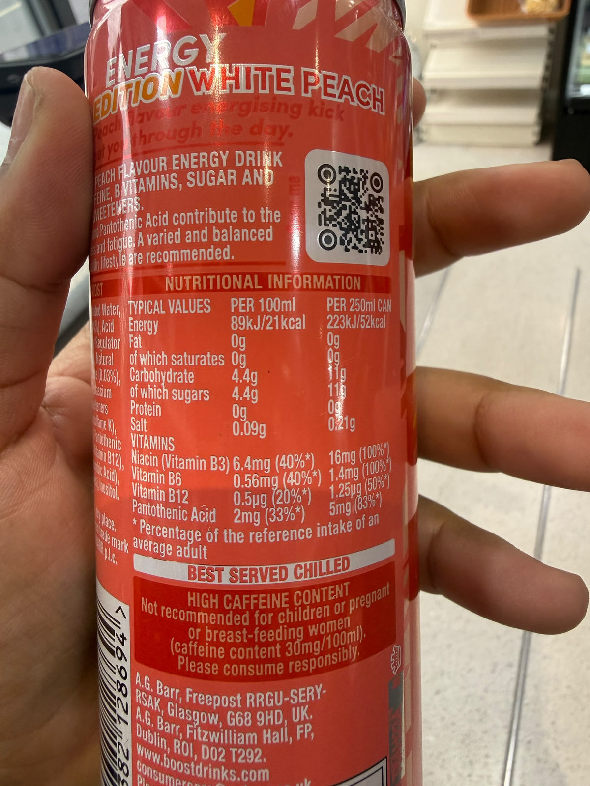 Boost Energy White Peach nutrition panel on the can back | Asian Grocery UK
