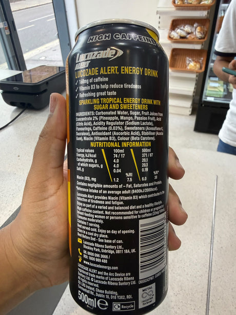 Lucozade Alert Tropical Burst 500ml energy drink front of can | Asian Grocery UK