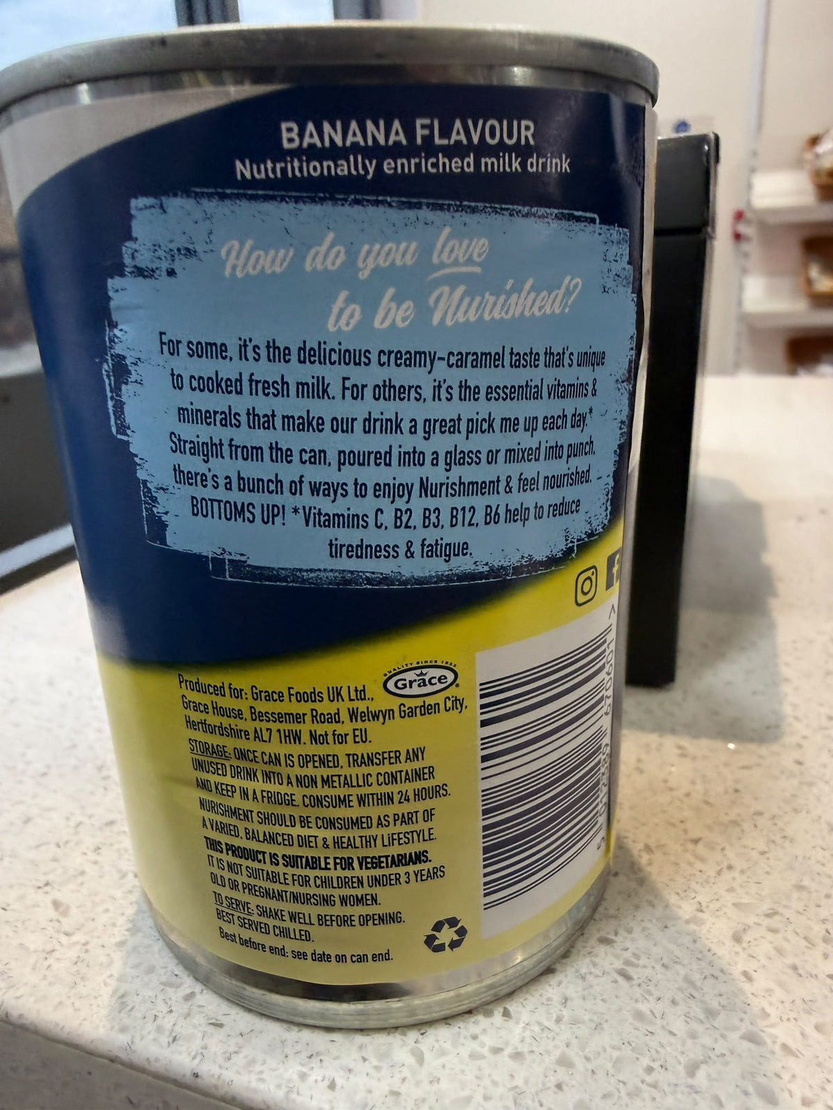Nurishment Banana Flavour Milk Drink barcode on tin | Asian Grocery UK