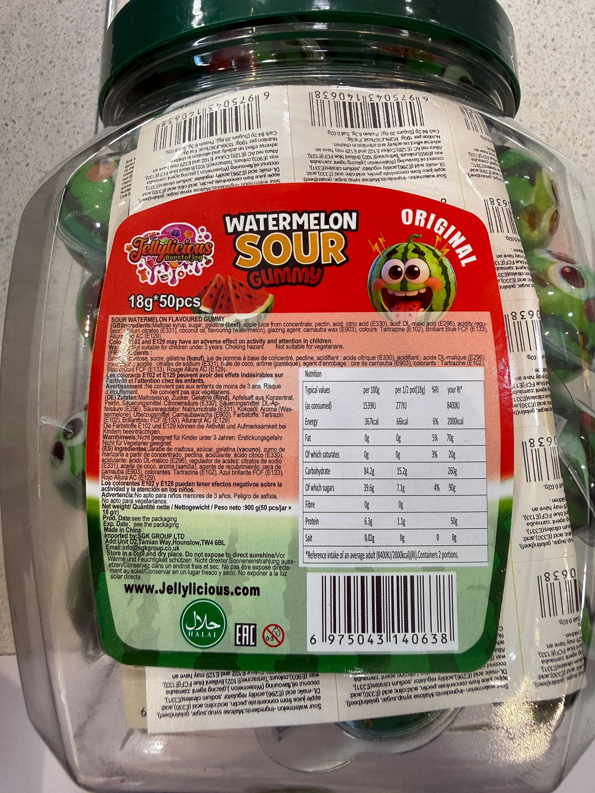 Jellylicious Watermelon Sour Gummy back label with ingredients and nutrition details | Asian Grocery UK