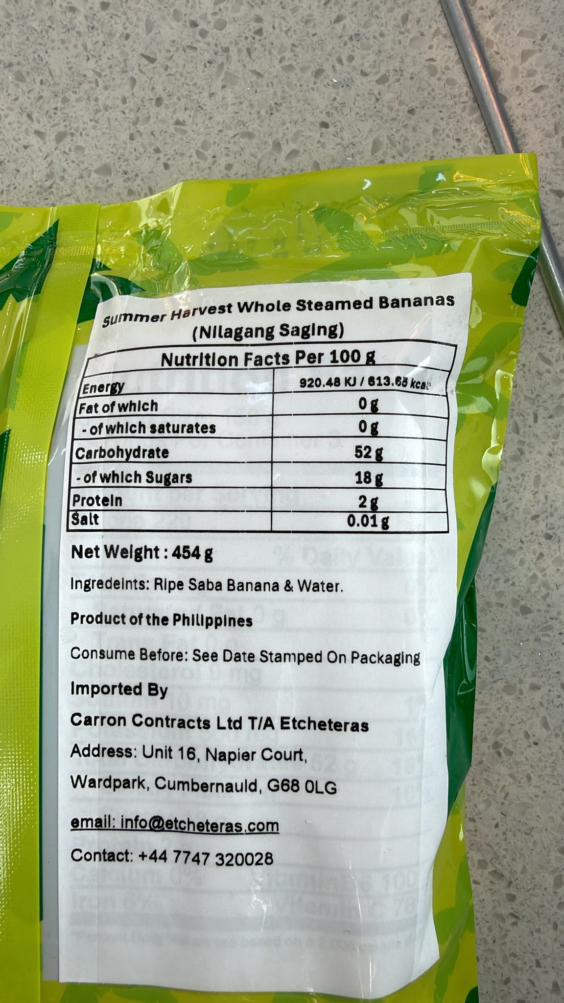 Summer Harvest Whole Steamed Bananas nutrition and Philippine origin label | Asian Grocery UK