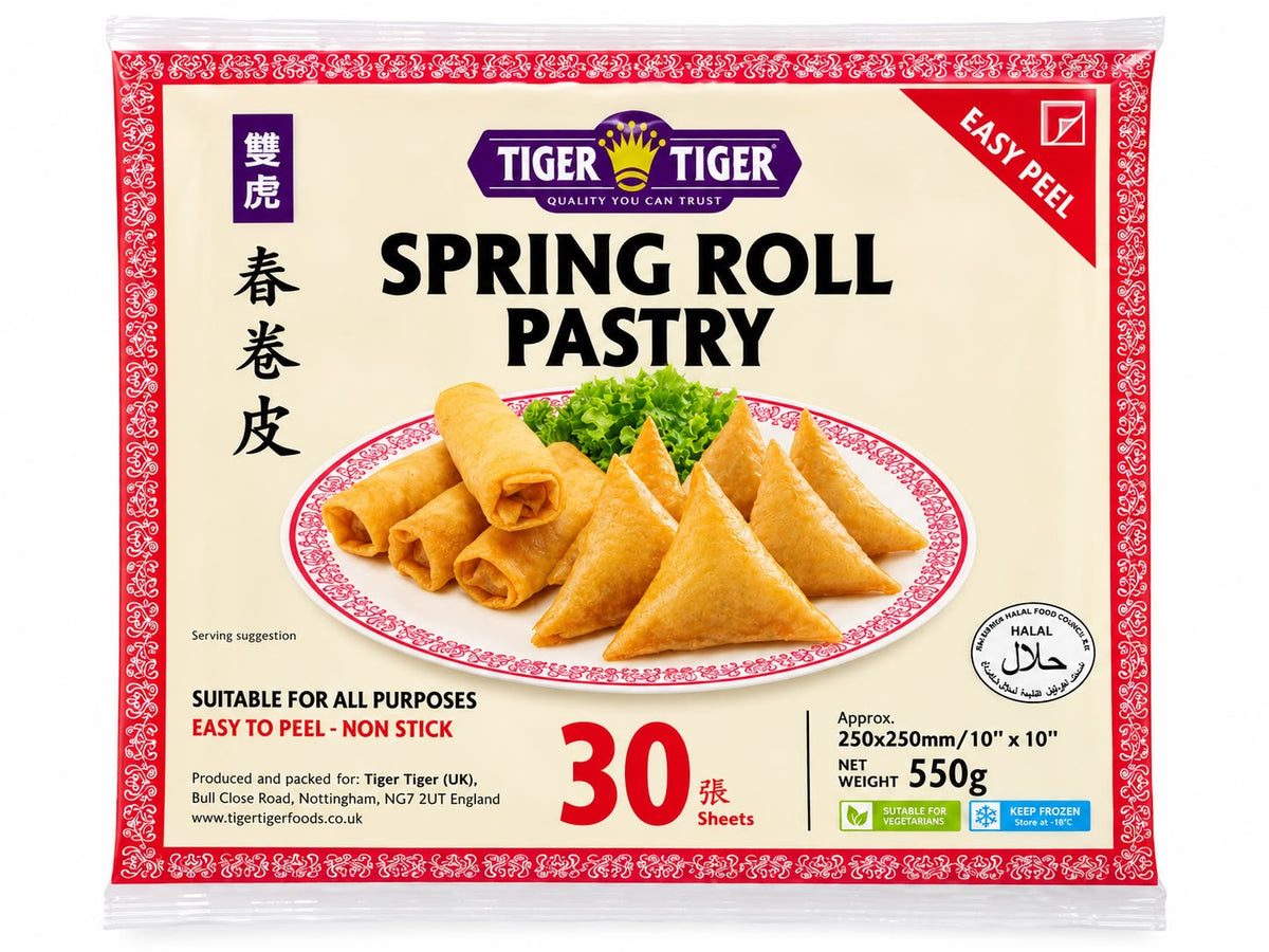 Tiger Tiger Spring Roll Pastry 550g front packaging with 30 sheets | Asian Grocery UK
