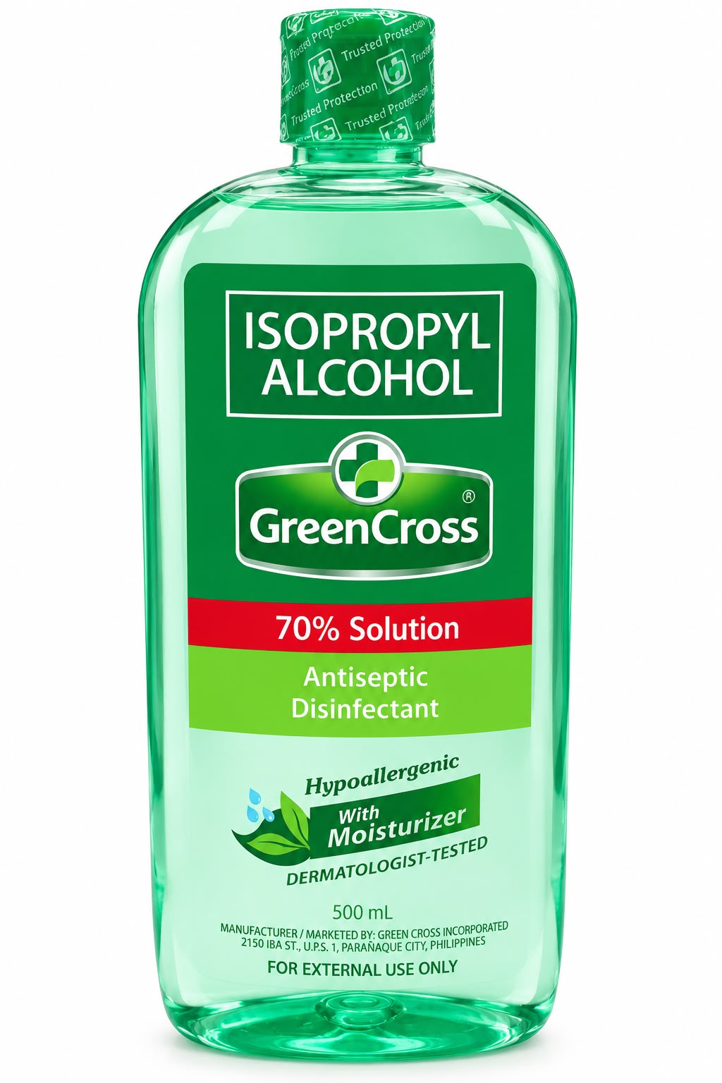 Green Cross Isopropyl Alcohol 70% 500ml front bottle with moisturiser | Asian Grocery UK