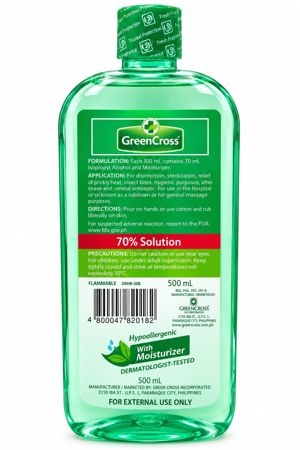 Green Cross Isopropyl Alcohol 70% 500ml back label and precautions | Asian Grocery UK