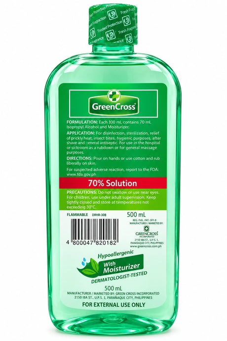 Green Cross Isopropyl Alcohol 70% 500ml back label and precautions | Asian Grocery UK