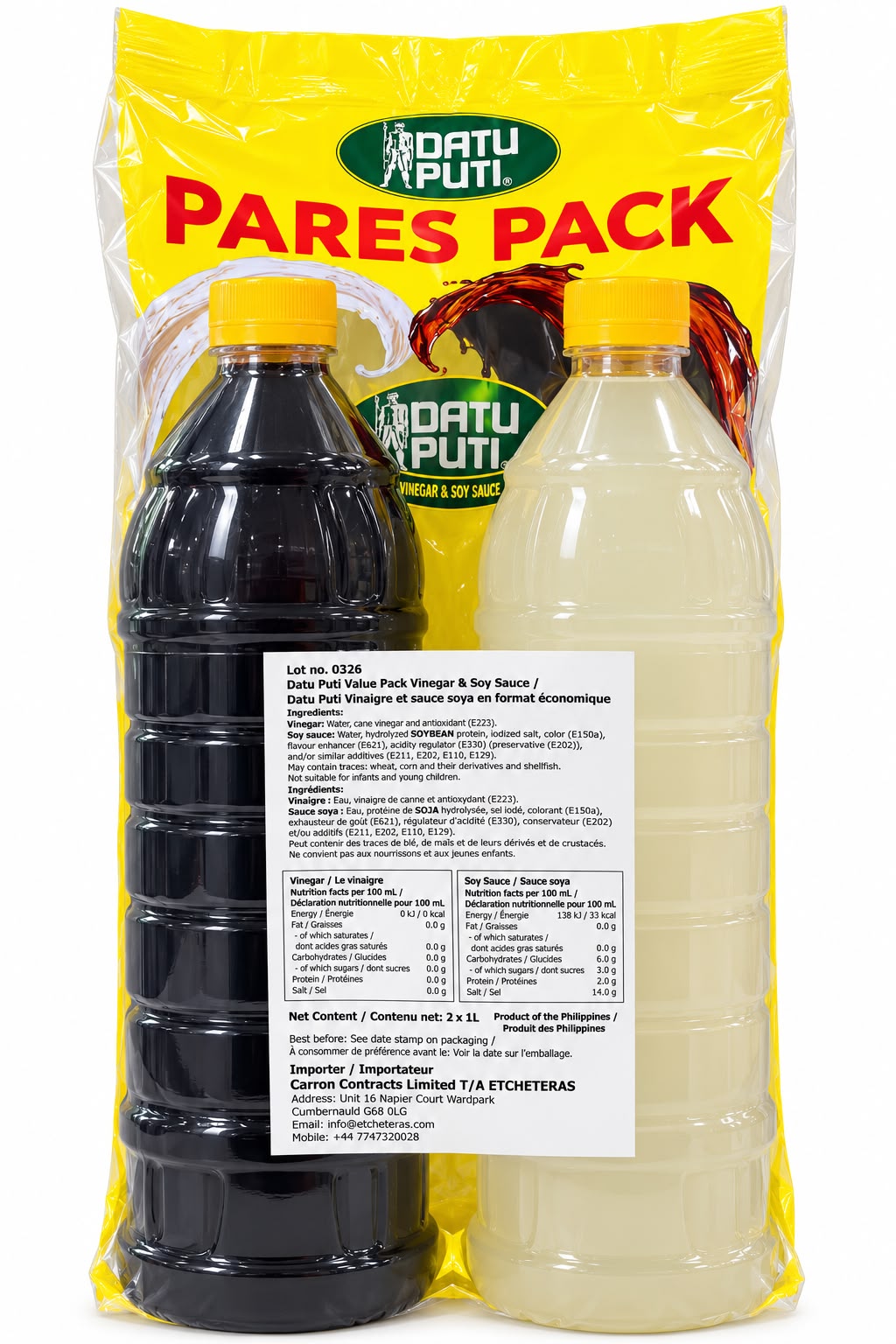 Datu Puti Pares Pack Vinegar & Soy Sauce bottles and nutrition label | Asian Grocery UK