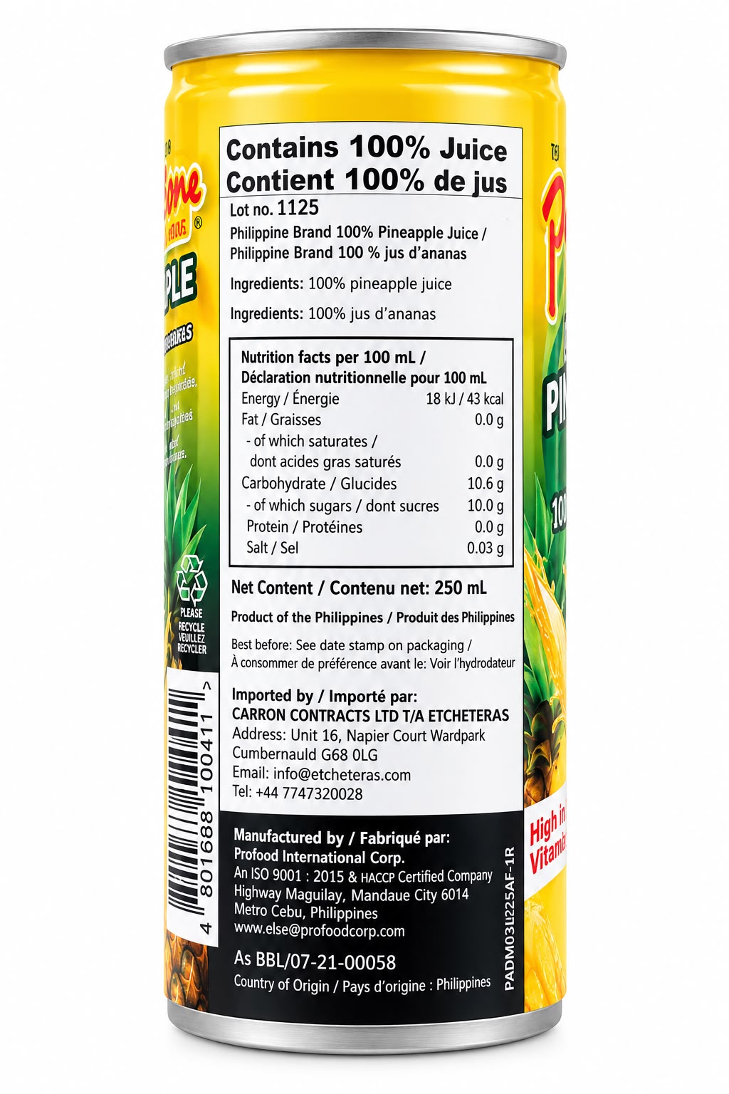Philippine Brand 100% Pineapple Juice 250ml nutrition information | Asian Grocery UK