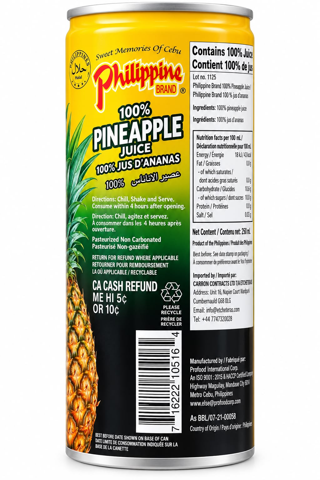 Philippine Brand 100% Pineapple Juice ingredients and serving directions | Asian Grocery UK
