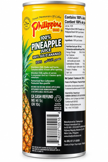 Philippine Brand 100% Pineapple Juice ingredients and serving directions | Asian Grocery UK