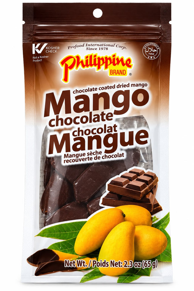 Philippine Brand Chocolate Coated Dried Mango 65g front pouch | Asian Grocery UK