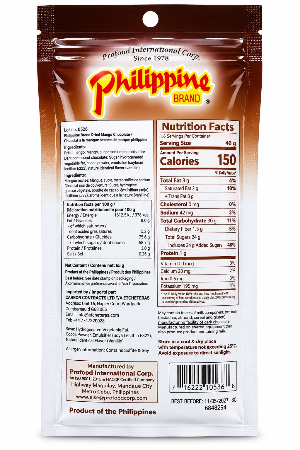 Philippine Brand Chocolate Coated Dried Mango 65g ingredients and nutrition | Asian Grocery UK