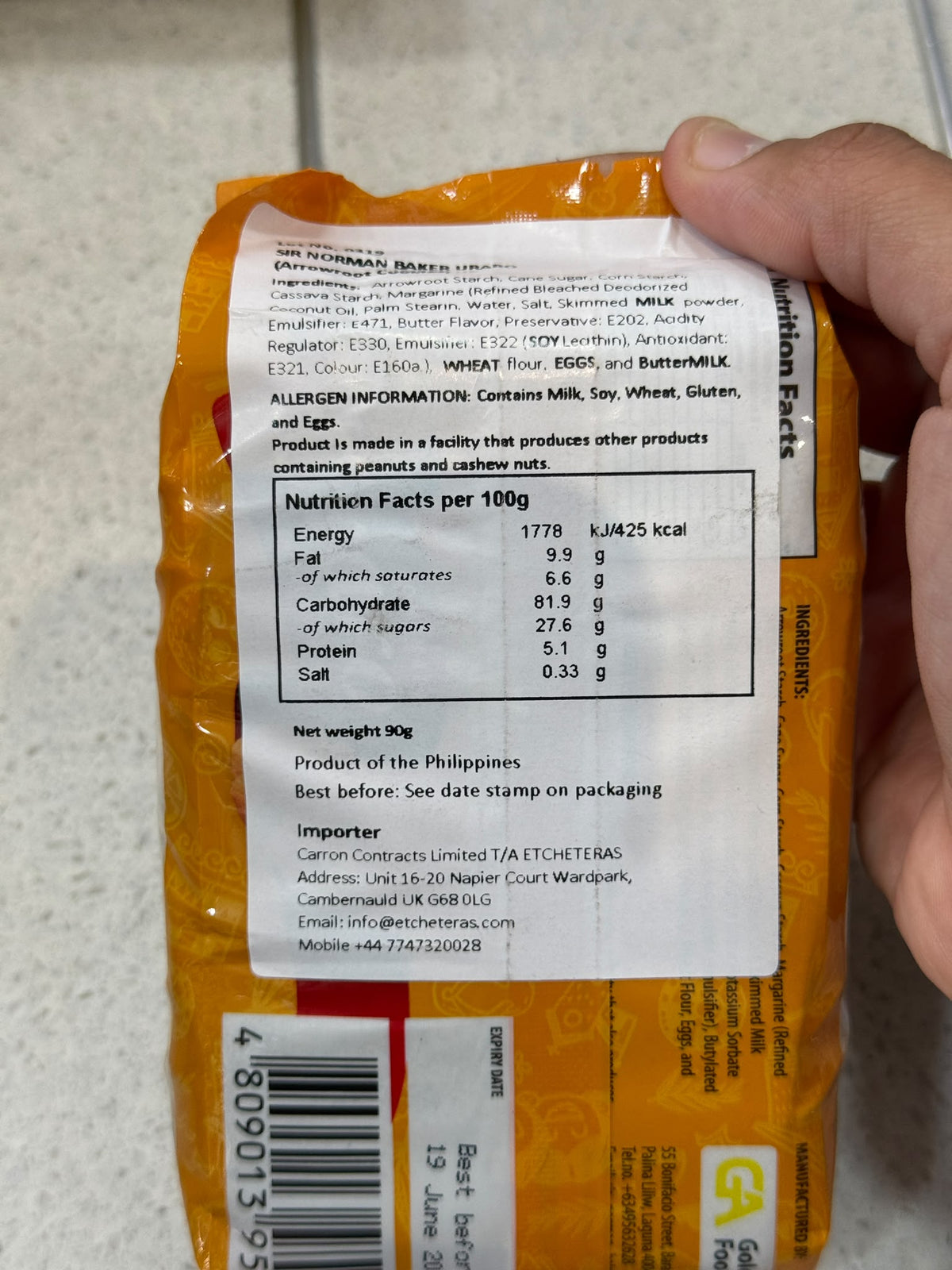 Sir Norman Baker Uraro Arrowroot Cookies 90g allergen and importer information | Asian Grocery UK