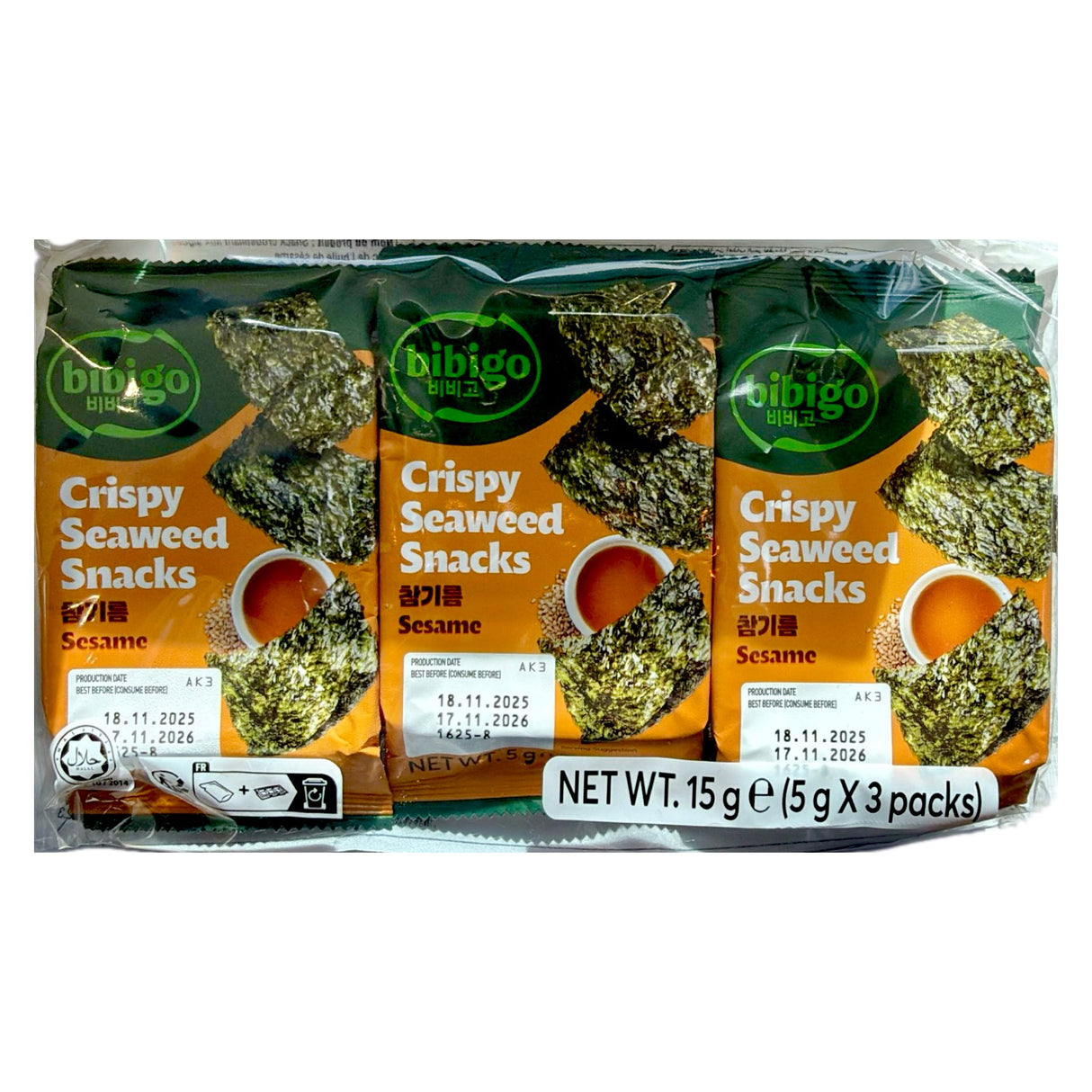Bibigo Crispy Seaweed Snacks Sesame Flavour (Original) 3x5g - Asian Online Superstore UK