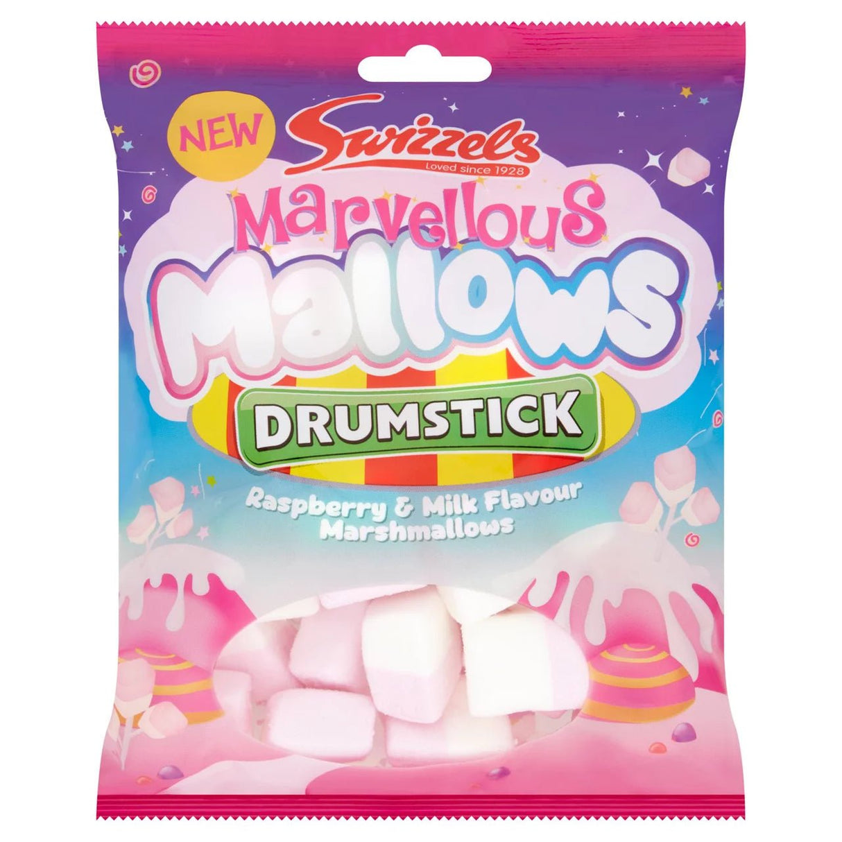 Swizzels Marvellous Mallows Drumstick Raspberry And Milk Drumstick Flavour Marshmallow (RRP:1.25) 100g - Asian Online Superstore UK