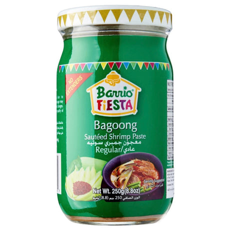 Savor the rich, authentic flavor with a jar of Barrio Fiesta Regular Bagoong 250g, a vibrant shrimp paste perfect for dips and dishes.