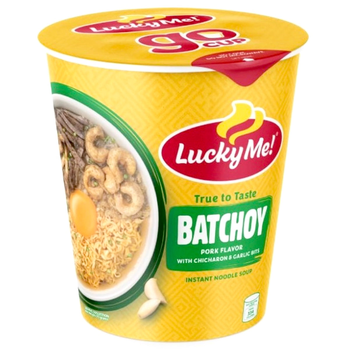 Savor the rich, savory aroma of Lucky Me LaPaz Batchoy Pork Flavour Cup Noodle, featuring a steaming cup of Filipino-style pork noodle soup.