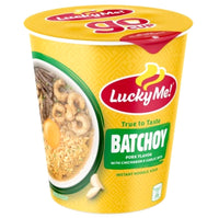 Savor the rich, savory aroma of Lucky Me LaPaz Batchoy Pork Flavour Cup Noodle, featuring a steaming cup of Filipino-style pork noodle soup.