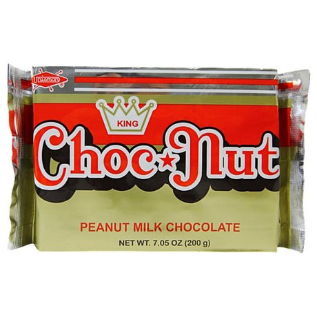 Delicious Unisman King Choc Nut 200g pack with 24 individually-wrapped peanut milk chocolate snacks, showcasing a nutty, crumbly texture.