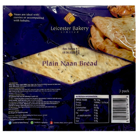 Leicester Bakery Plain Naan Bread 4’s 520g - Asian Online Superstore UK