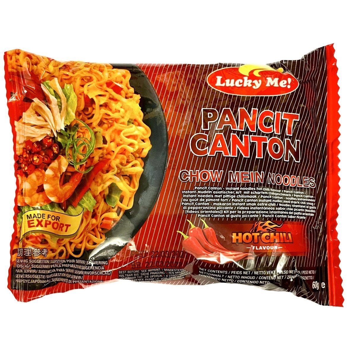 Lucky Me Pancit Canton Hot Chili (Instant Fried Noodles/Chowmien) 1Box (24x60g) 1.44kg - Asian Online Superstore UK
